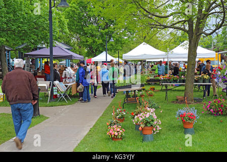 HAMILTON, NEW YORK - 27. MAI 2017: Händler und Käufer auf dem lokalen Bauernmarkt am Samstag in Hamilton in der Nähe der Colgate University in UPS Stockfoto