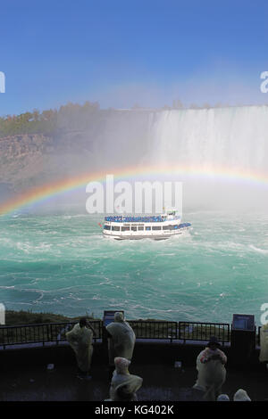 NIAGARAFÄLLE, KANADA - 29. MAI 2017: Touristen beobachten, wie sich das Tourboot Maid of the Mist den grausamen Katarakten der Horseshoe Falls unter einem Kompl nähert Stockfoto