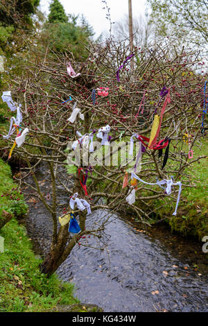 Fairy Tree in einem irischen Heiligen Gut bedeckt in Bändern und Geschenke für die kleinen Leute. Stockfoto