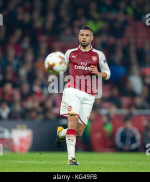 London, Großbritannien. 02 Nov, 2017 Francis coquelin von Arsenal in der UEFA Europa League Spiel zwischen Arsenal und fc Red Star Belgrad im Emirates Stadium, London, England am 2. November 2017. Foto von Andy Rowland. Credit: Andrew Rowland/alamy leben Nachrichten Stockfoto