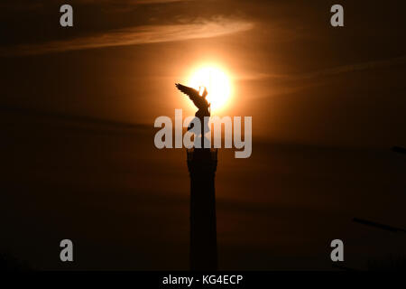 Berlin, Deutschland. November 2017. Die Victoria, auch Goldelse genannt, ist im Hintergrund der aufgehenden Sonne auf der Siegessäule in Berlin, Deutschland, am 4. November 2017 zu sehen. Quelle: Paul Zinken/dpa/Alamy Live News Stockfoto