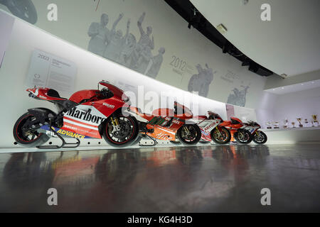 Motorräder Anzeige an die Ducati factory Museum, Bologna, Italien. Stockfoto