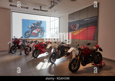 Motorräder Anzeige an die Ducati factory Museum, Bologna, Italien. Stockfoto