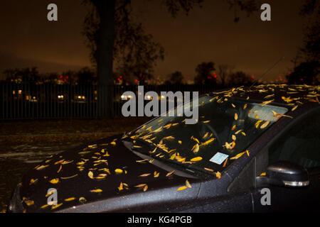 Herbstliche Blätter auf dem Dach und der Motorhaube (Haube) von einem geparkten Auto am Abend in einer South London Street, am 26. Oktober 2017 in London, England. Stockfoto