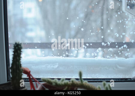 Verschneite Fenster schliessen und Kakteen auf dem Fensterbrett. saisonale Winter Wetter schnee winter Hintergrund. Stockfoto