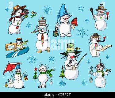 Satz Winter Schneemann in verschiedenen Kostümen. Fotograf und Künstler mit Geschenken. graviert Hand in alte Skizze und Vintage Style für Aufkleber und Postkarten gezeichnet. Weihnachten oder Neujahr Dekorationen Stock Vektor