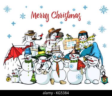 Satz Winter Schneemann in verschiedenen Kostümen. Fotograf und Künstler mit Geschenken. graviert Hand in alte Skizze und Vintage Style für Aufkleber und Postkarten gezeichnet. Weihnachten oder Neujahr Dekorationen Stock Vektor