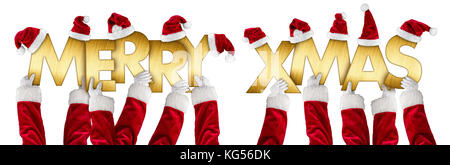 Santa claus hands up Holding frohe Weihnachten Gruß golden glänzende Metall Buchstaben Schriftzug mit rot weiße Hüte isoliert breites Panorama Hintergrund Stockfoto