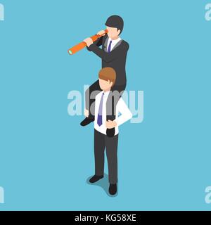 Wohnung 3 d isometrische Geschäftsmann auf seinem Kollegen Schulter und Spyglass. business Vision und Teamarbeit Konzept. Stock Vektor