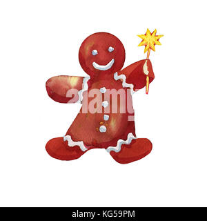 Cartoon Weihnachten Lebkuchen Mann hält den goldenen Stern gezeichnet Aquarell Stockfoto
