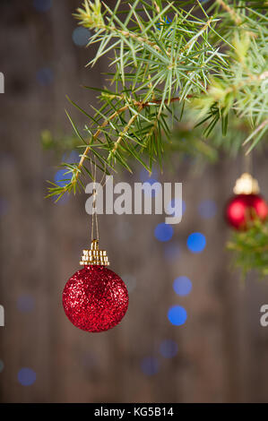 Red christmas Ball hängen an Tanne Zweig Stockfoto