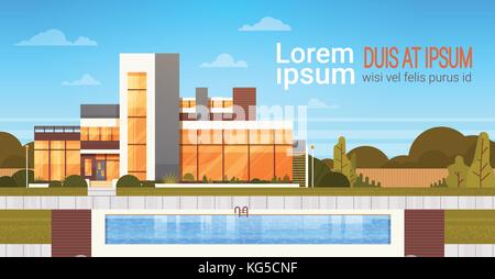 Luxus Villa mit Schwimmbad Außenansicht des modernen Haus Banner mit Kopie Raum Stock Vektor