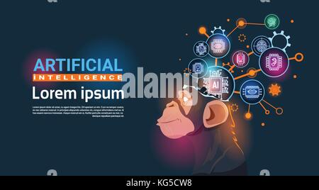 Affenkopf mit cyber Gehirn Zahnrad und Zahnräder Konzept der künstlichen Intelligenz Banner mit Kopie Raum Stock Vektor