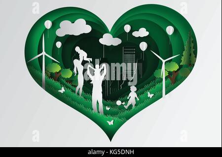 Papier Kunst der glücklichen Familie Spaß beim Spielen im Garten Feld mit Ferienhäuser Lebensstil zum Picknick, Silhouette, Vector, Design Stock Vektor