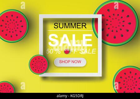 Papier Kunst der Summer Sale Banner mit Wassermelone. Bis zu 50% Rabatt. Angebot. Vector Illustration Stock Vektor