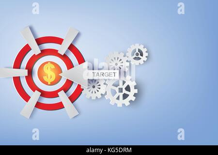 Paper Art der Pfeile fliegen Target Shooting mit Dollar im Zentrum. Vektor Stock Vektor