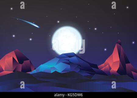 Neon Nächte Berglandschaft mit fullmon, Vektor, Abbildung Stock Vektor