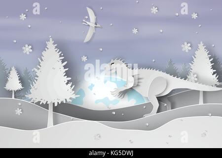 Papier kunst der Landschaft Schnee mit Dinosaurier, Vektor Stock Vektor