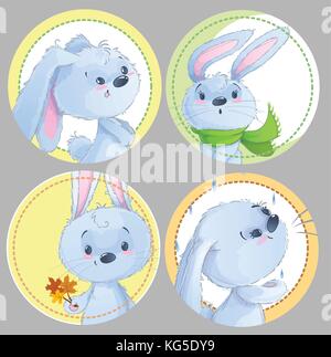 Der runde clipart mit niedlichen Baby Kaninchen, Baby Tiere, Herbst, Blätter, Schal für Baby Bekleidung, Aufkleber, Spiele. Stock Vektor