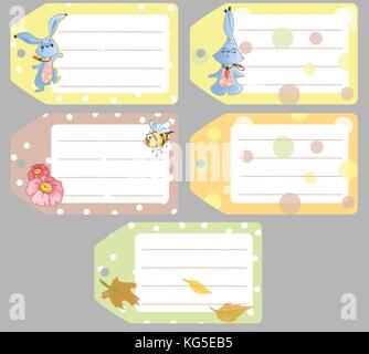 Satz von clipart Etiketten mit niedlichen Baby Kaninchen, Baby Tiere, Herbst Thema, Bienen, Blumen, Blätter, Schal für Baby Bekleidung, Aufkleber, Spiele. Stock Vektor