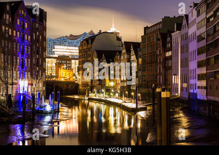 Hamburg, Nacht, Langzeitbelichtung, Panorama Stockfoto