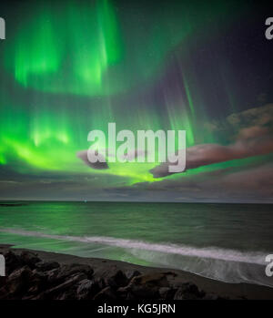 Aurora borealis oder northern lights über Wellen breakiing am Strand in seltjarnarnes, Reykjavik, Island Stockfoto