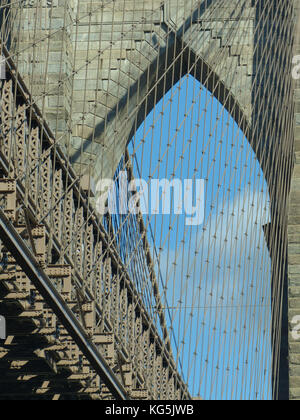 Brooklyn Bridge, 1883 erbaut, mit Bogen und das Netz von Kabeln aus Stahl Stockfoto