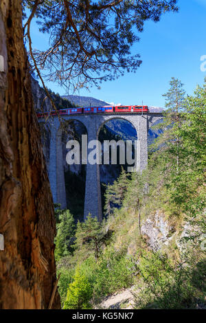 BERNINA Express Zug auf Landwasser Viadukt, Filisur, Albula Region, Kanton Graubünden, Schweiz, Europa Stockfoto