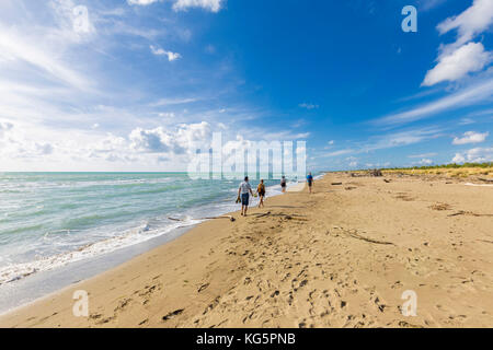 Touristen Fuß am Strand Marina di Alberese. Marina di Alberese, Alberese, Maremma Strandpark (Parco della Maremma), Grosseto, Grosseto Provinz, Toskana, Italien, Europa Stockfoto