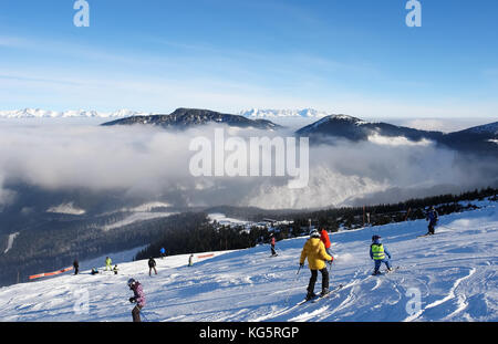 Jasna, Slowakei - Januar 25, 2017: Skifahrer auf der Piste an einem sonnigen Tag im Resort Jasna, Niedere Tatra, Slowakei. Stockfoto