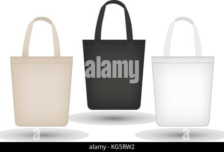 Realistische Tasche gesetzt. 3D-Material, Leinwand, Shopping sack Taschen Kollektion schwarz, beige. auf weißem Hintergrund. MOSK-up für Ihr Produkt Design. Stock Vektor