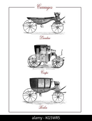 Beliebte Kutschen aus dem 19. Jahrhundert: landau, Coupé und berlin Stockfoto