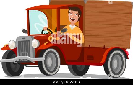 Fröhlicher Fahrer fährt mit Retro-Truck. Lieferung, Landwirtschaft, Konzept. Illustration des Zeichentrickvektors Stock Vektor