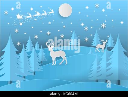 Frohe Weihnachten. Abbildung: Santa Claus auf der Himmel mit Schneeflocke, Hirsch und Baum, Papier Kunst und Handwerk Stil Stock Vektor