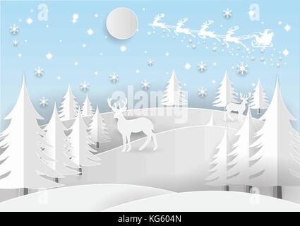 Abbildung: Santa Claus auf der Himmel mit Schneeflocke, Hirsch und Baum, Papier Kunst und Handwerk Stil Stock Vektor