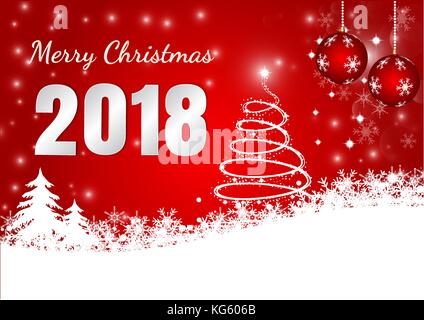 Roter Hintergrund mit Snow Flake und Kugel für Frohe Weihnachten 2018, Vektor, Abbildung Stock Vektor