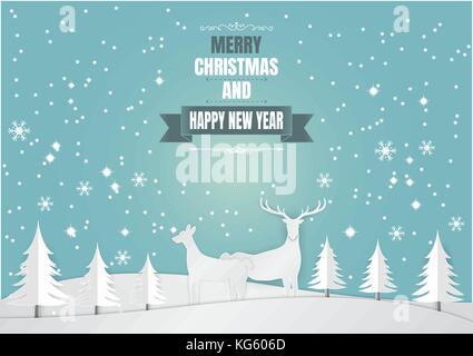 Paper art Stil, Schneeflocke und Rotwild für Weihnachten, Vector Illustration Stock Vektor