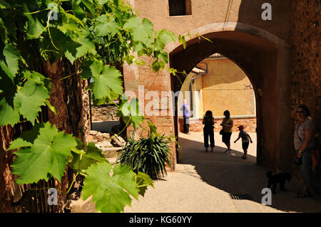 Weinberg und Arch im Dorf Roussillon, Vaucluse, Provence, Frankreich Stockfoto