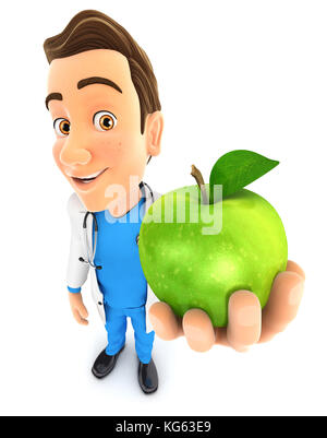 3D-Arzt Holding grüner Apfel, Abbildung mit isoliert weißer Hintergrund Stockfoto
