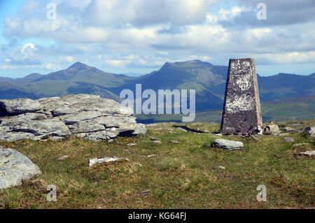 Die Munros Ben Vorlich & Stuc a' Chroin vom Trig Point auf dem Gipfel des schottischen Bergs Corbett Meall an t-Seallaidh, Schottische Highlands. Stockfoto