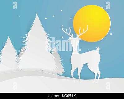 Abbildung: Hirsch im Wald mit Mond paper Art vector Hintergrund Stock Vektor