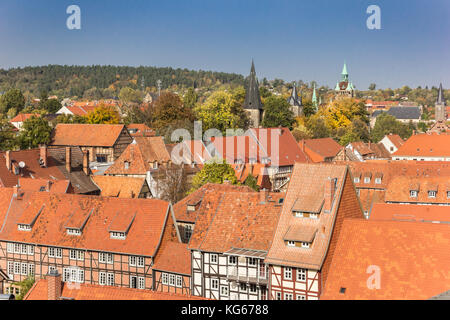 Blick auf die historische Altstadt von Quedlinburg, Deutschland Stockfoto