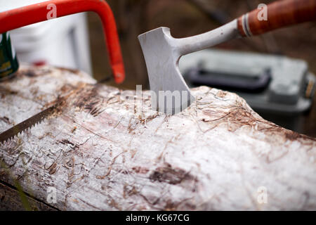 Bow saw and small metal axe being used to chop dead wood for fuel for a camp fire in a close up view of the blade of the hatchet Stockfoto