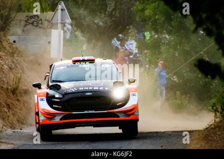 #14 Mads Ostberg (NOR) und Co-Pilot Torstein Eriksen vom M-Sport World Rally Team treten die Shakedown Etappe der Rally de España Runde der FIA World Rally Championship 2017 an. © Hugh Peterswald/Alamy Stockfoto