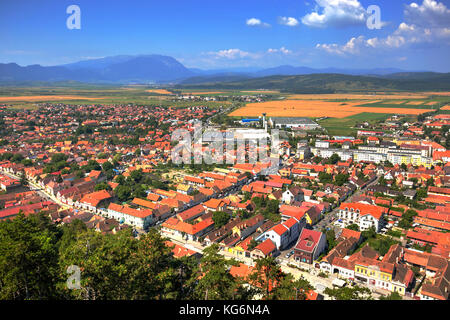 Luftaufnahme der Stadt Rasnov, Bezirk Brasov, Rumänien Stockfoto