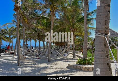 Xcaret, Mexiko - Juli 1, 2017: Leute relaxen in Hängematten am Strand. Stockfoto