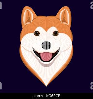 Cartoon Akita Hund, Vector Illustration von orange Kopf Akita Inu, Gesicht der Japanischen Akita Welpen isoliert auf dunkelblauem Hintergrund Stock Vektor