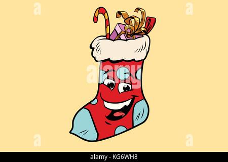 Weihnachten Geschenk Socke niedlich Smiley Charakter. Comic cartoon Pop Art Illustration retro Vektor Stock Vektor