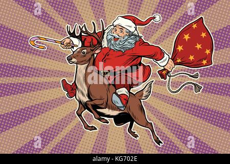 Santa claus reitet auf Hirsche. Neues Jahr und Weihnachten. pop art retro Vektor illustration Stock Vektor