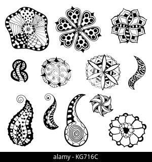 Satz von sketchy monochrome doodle Blumen und Blätter. Vector Illustration Stock Vektor